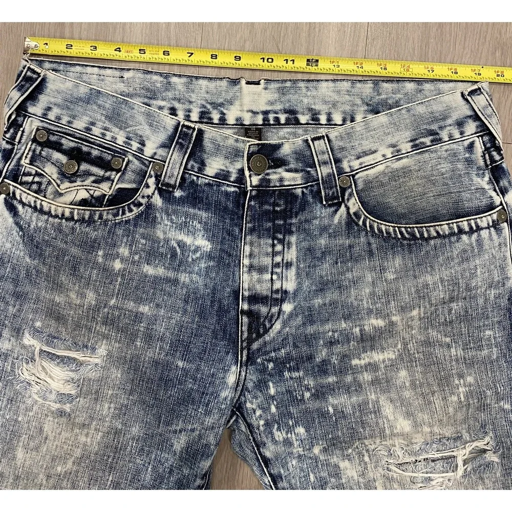 True Religion Jeans Shorts Mens 38 Ricky Relaxed Super T Flap Acid Wash Denim